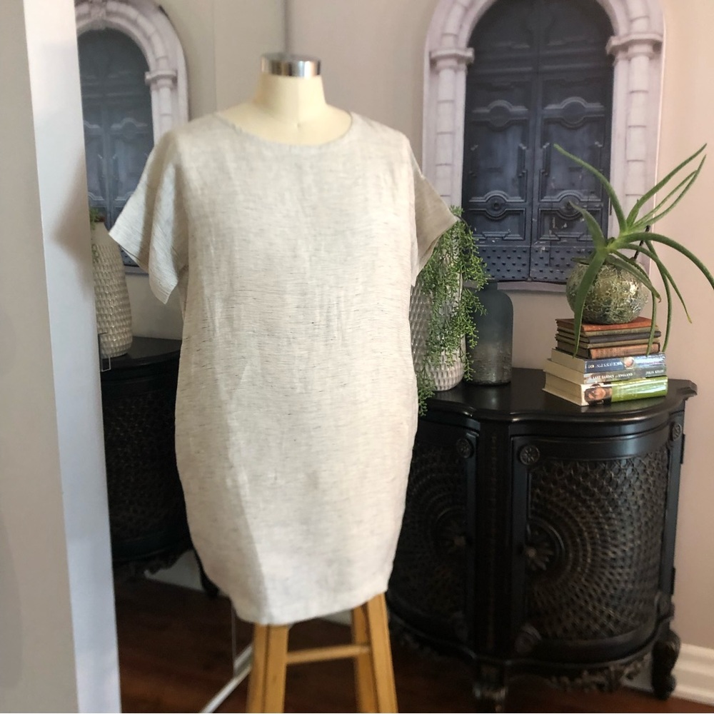 Ellen Fisher light gray XS small over sized organic linen dress,  side pockets.